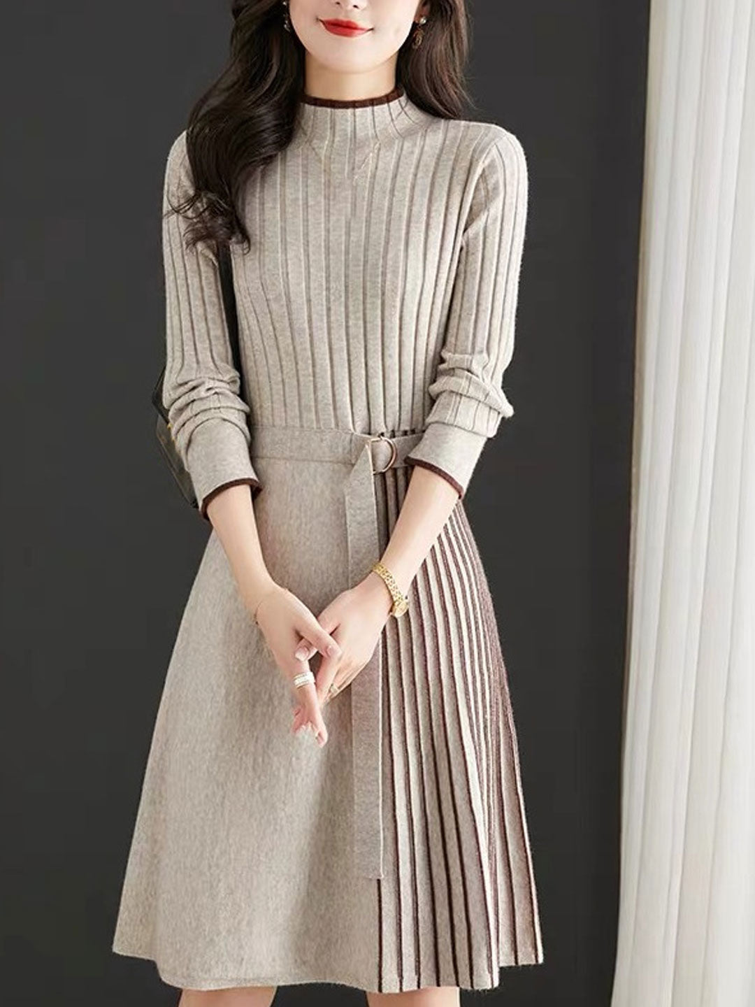 Natalie Elegant Turtleneck Knitted Pleated Dress – Roselili
