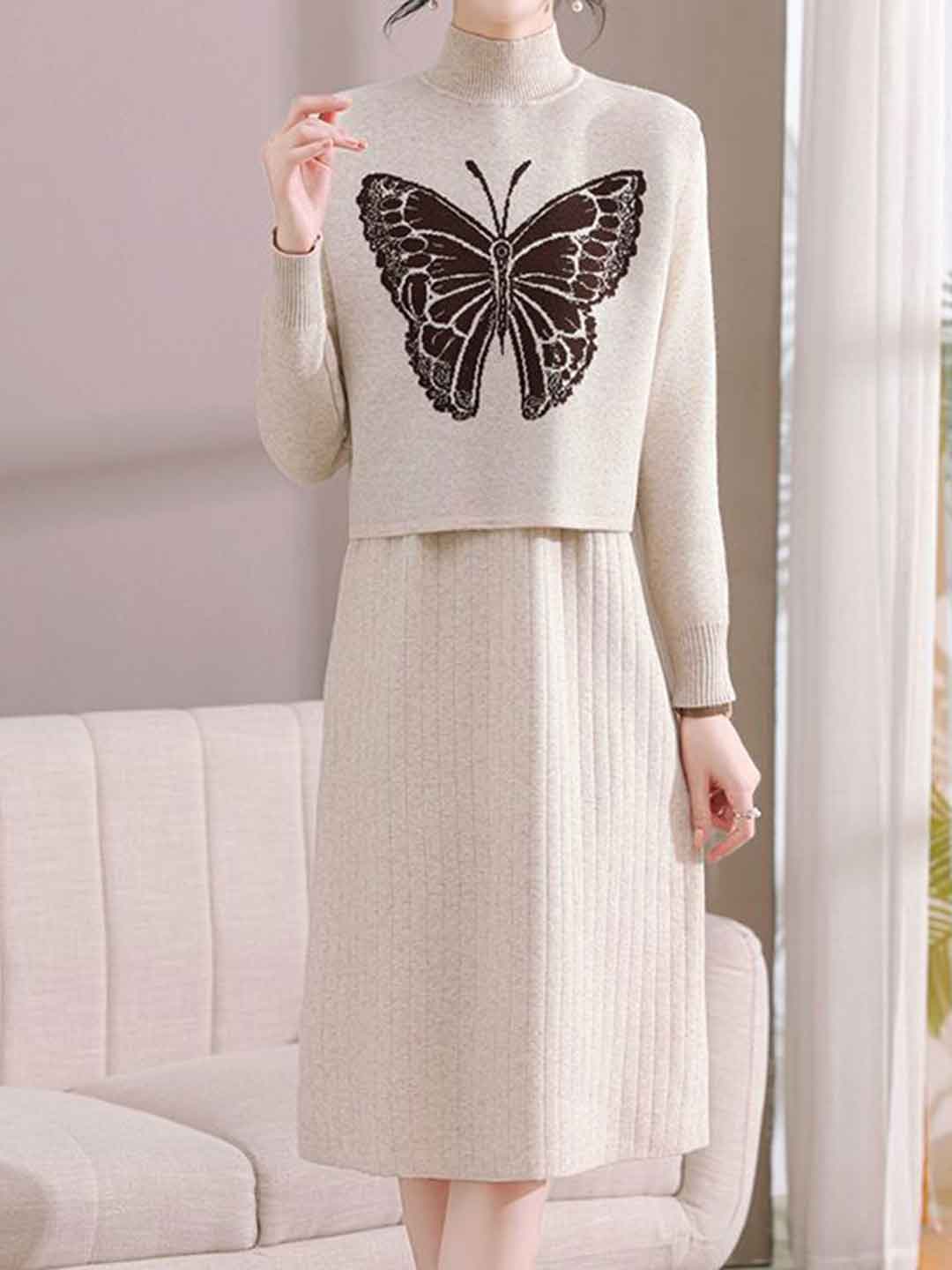 Jessica Loose Turtleneck Butterfly Printed Knitted Dress Roselili Jessica Loose Turtleneck Butterfly Printed Knitted Dress Roselili