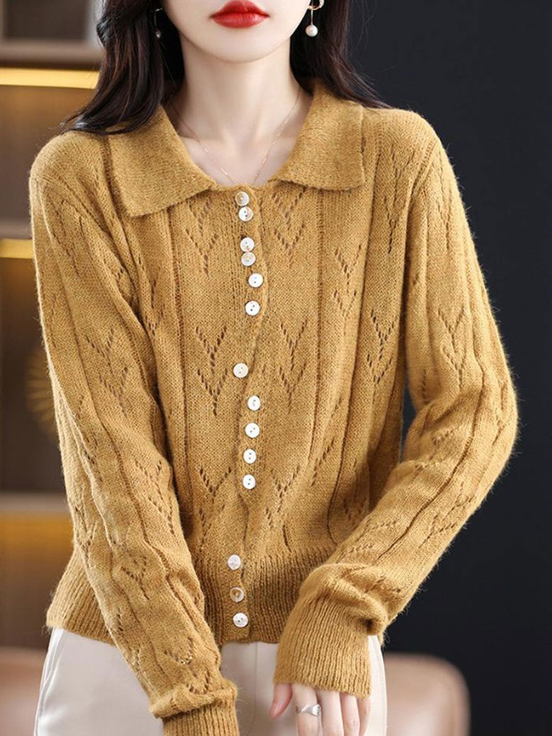 Casual Sweet Geometric Contrast POLO Collar Cardigans main image 1