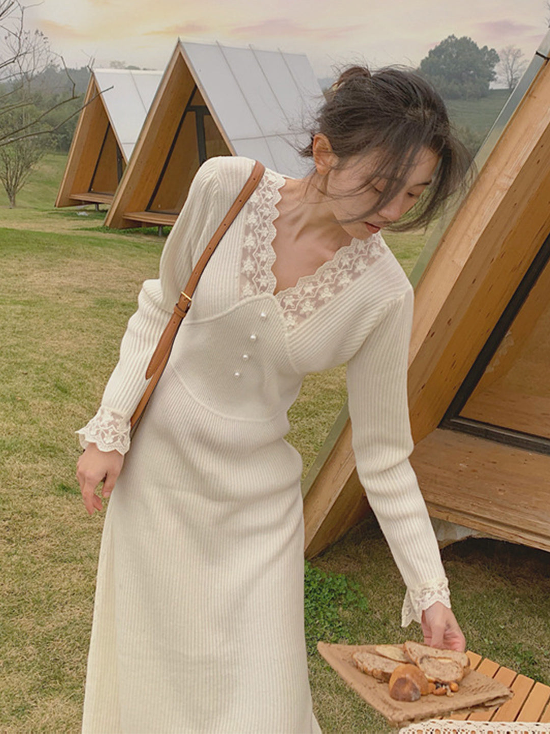 Layla French Style Lace Pearl Knitted Dress Roselili Layla French Style Lace Pearl Knitted Dress Roselili