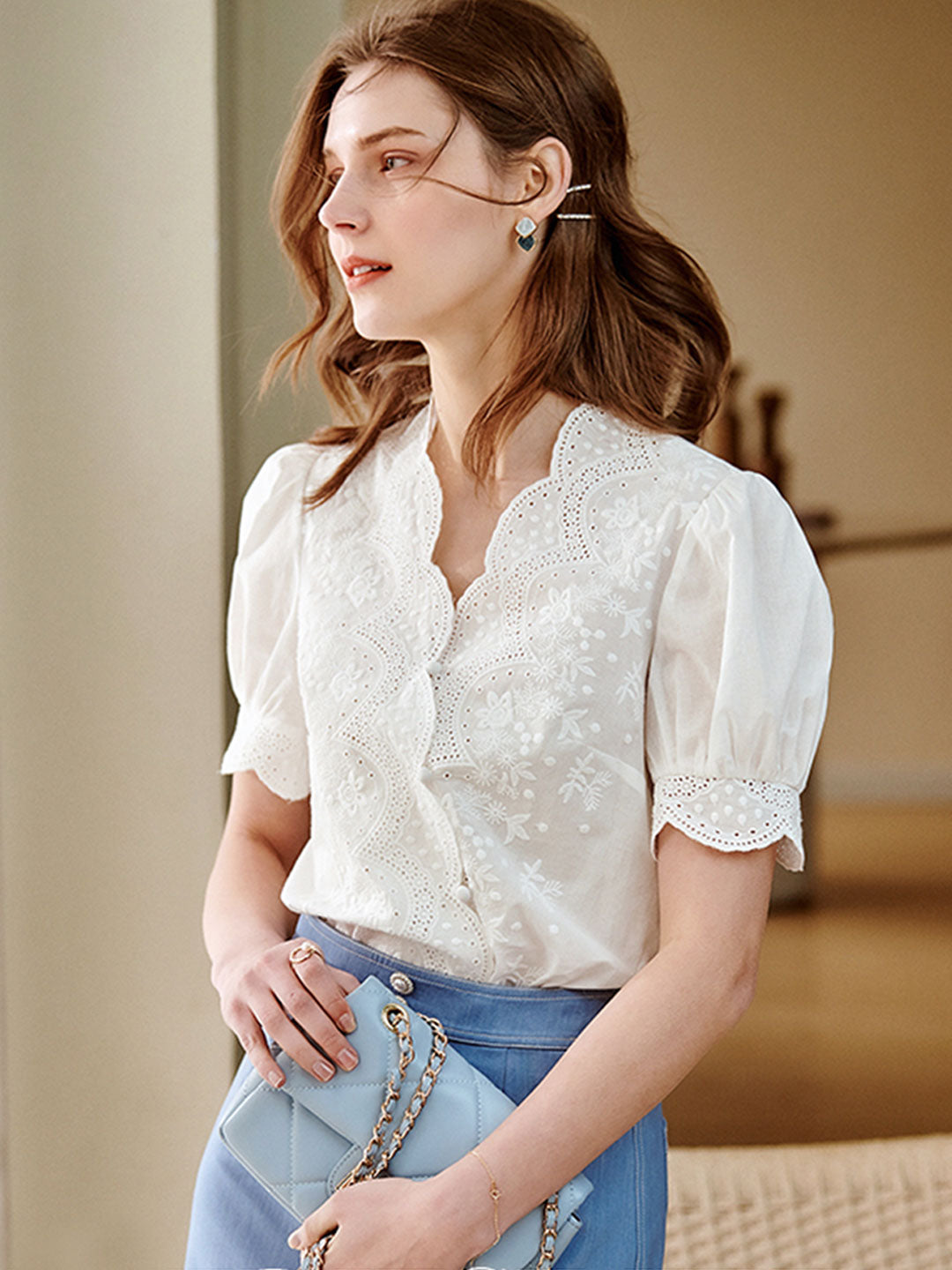 Eva Retro V-neck Embroidered Chiffon Shirt