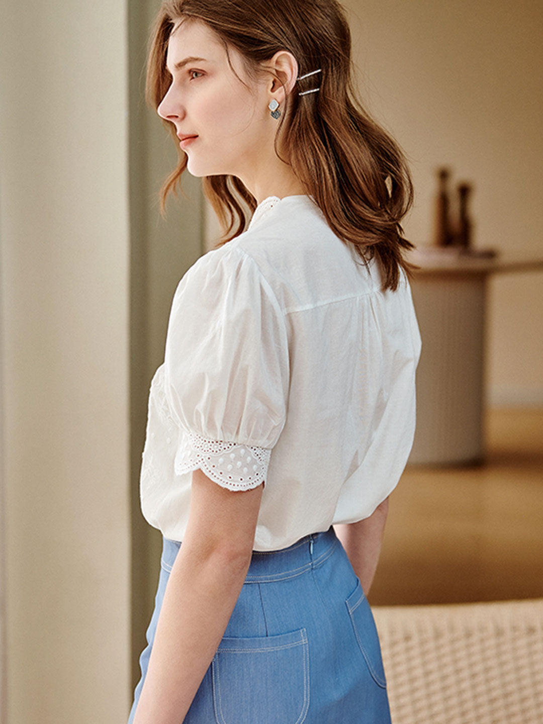 Eva Retro V-neck Embroidered Chiffon Shirt