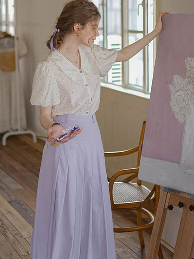 Isabella Retro Puff Sleeve Lapel Shirt-Purple
