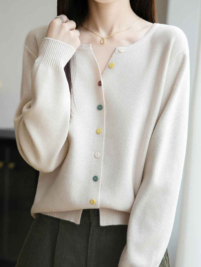 Andrea Classic Crew Neck Colorful Buttons Solid Color Knitted Cardigan