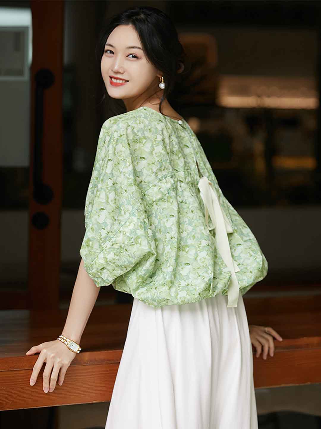 Maya Casual Back Bow Printed Blouse