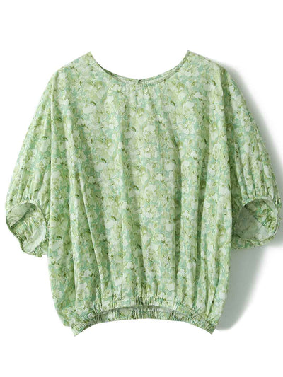 Maya Casual Back Bow Printed Blouse-Green