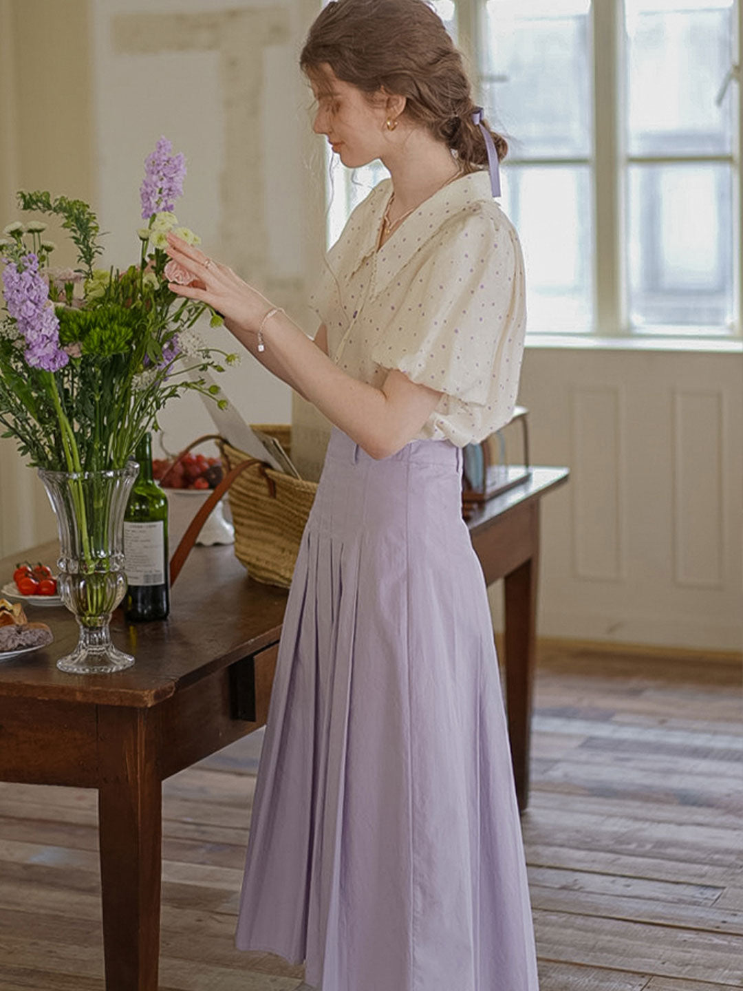 Isabella Retro Puff Sleeve Lapel Shirt-Purple