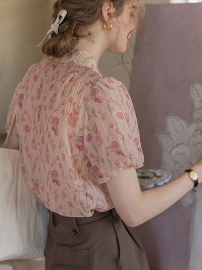 Isabella Retro Puff Sleeve Lapel Shirt-Pink