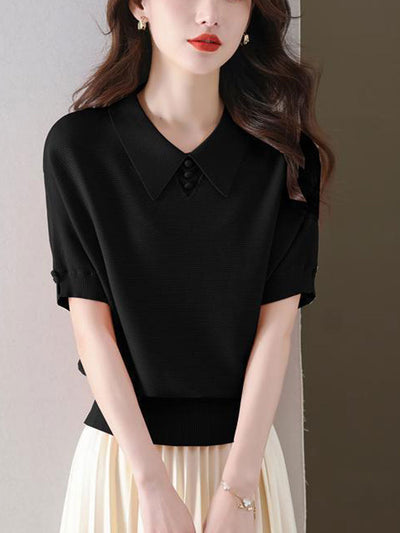 Kaitlyn Classic Polo Collar Knitted Top-Black