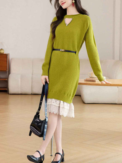Kaylee Daily Crew Neck Patchwork Lace Knitted Dress