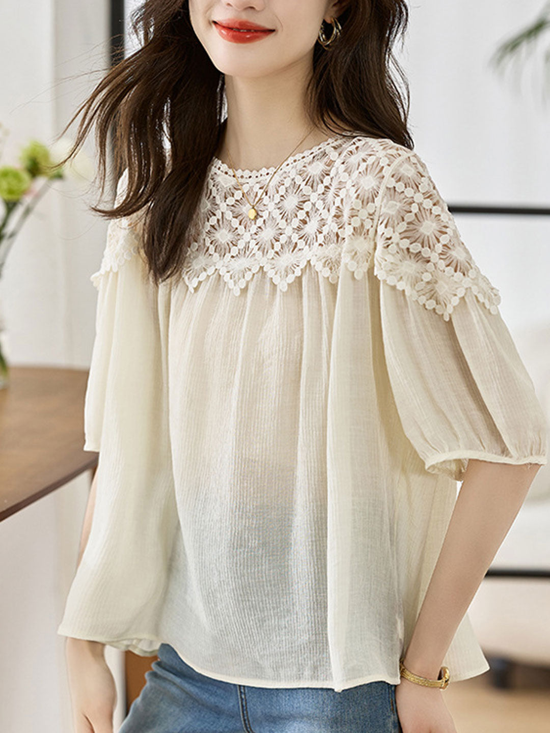 Sophie Loose Chiffon Lace Blouse Khaki Roselili