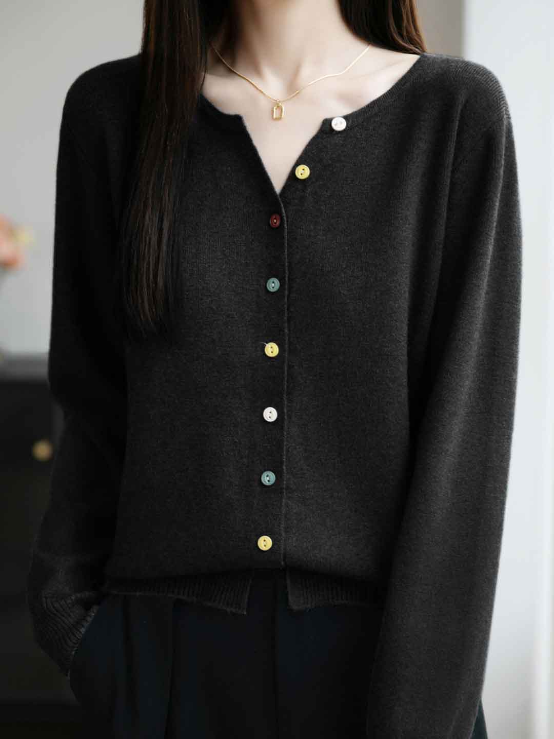 Andrea Classic Crew Neck Colorful Buttons Solid Color Knitted Cardigan