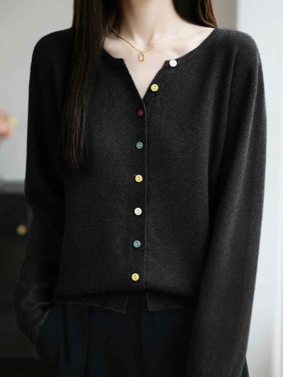 Andrea Classic Crew Neck Colorful Buttons Solid Color Knitted Cardigan