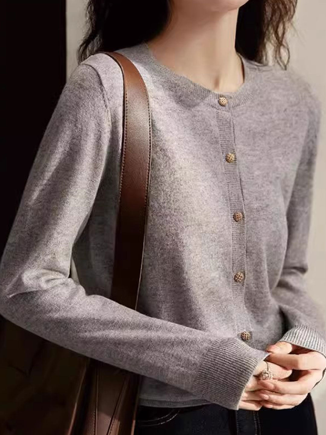 Sophia Classic Crew Neck Solid Color Knitted Cardigan