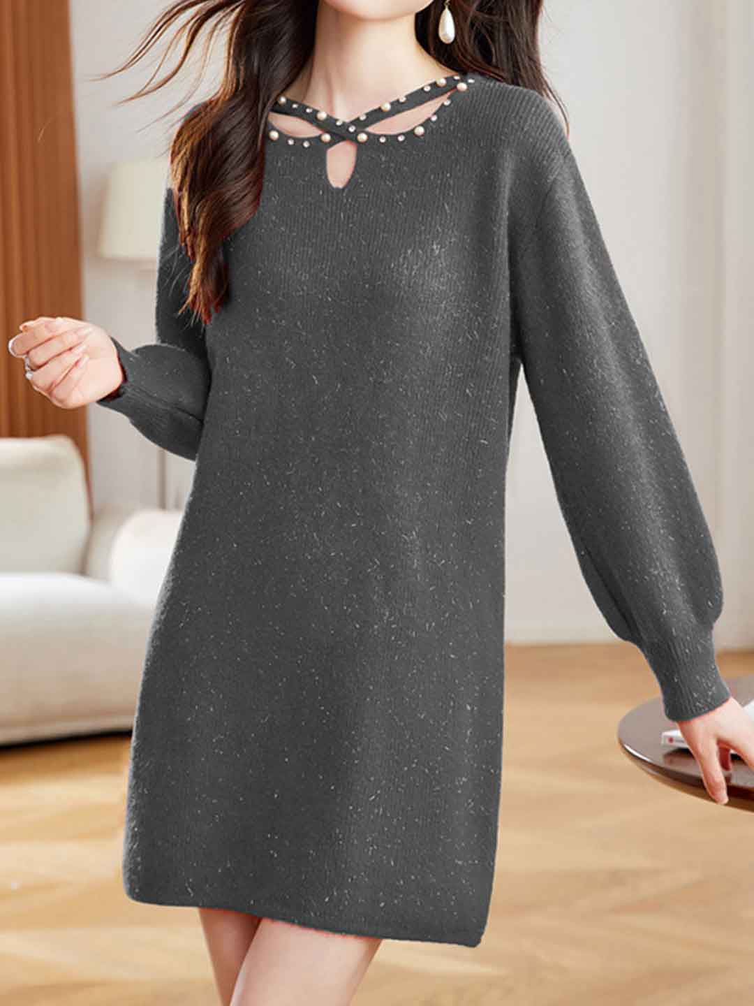 Hannah Elegant Crew Neck Beaded Knitted Sweater Dress