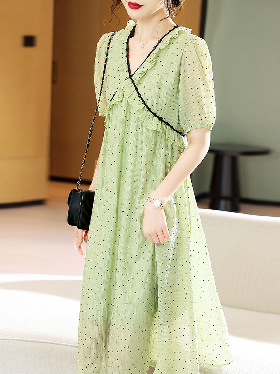 Olivia Retro Chiffon Polka-Dot Dress-Green