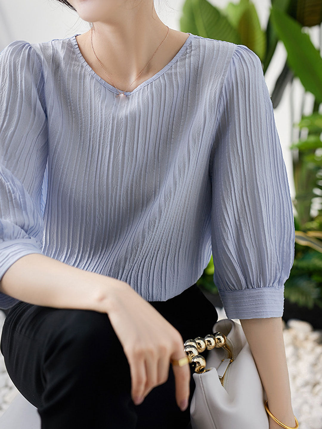 Kayla Classic Crew Neck Pleated Shirt-White