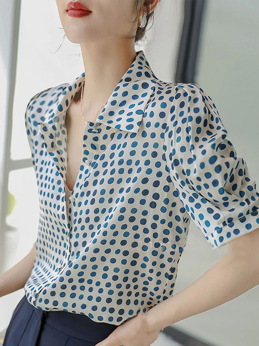 Rose Red Polka Dot Puff Short Sleeve Sweater Top