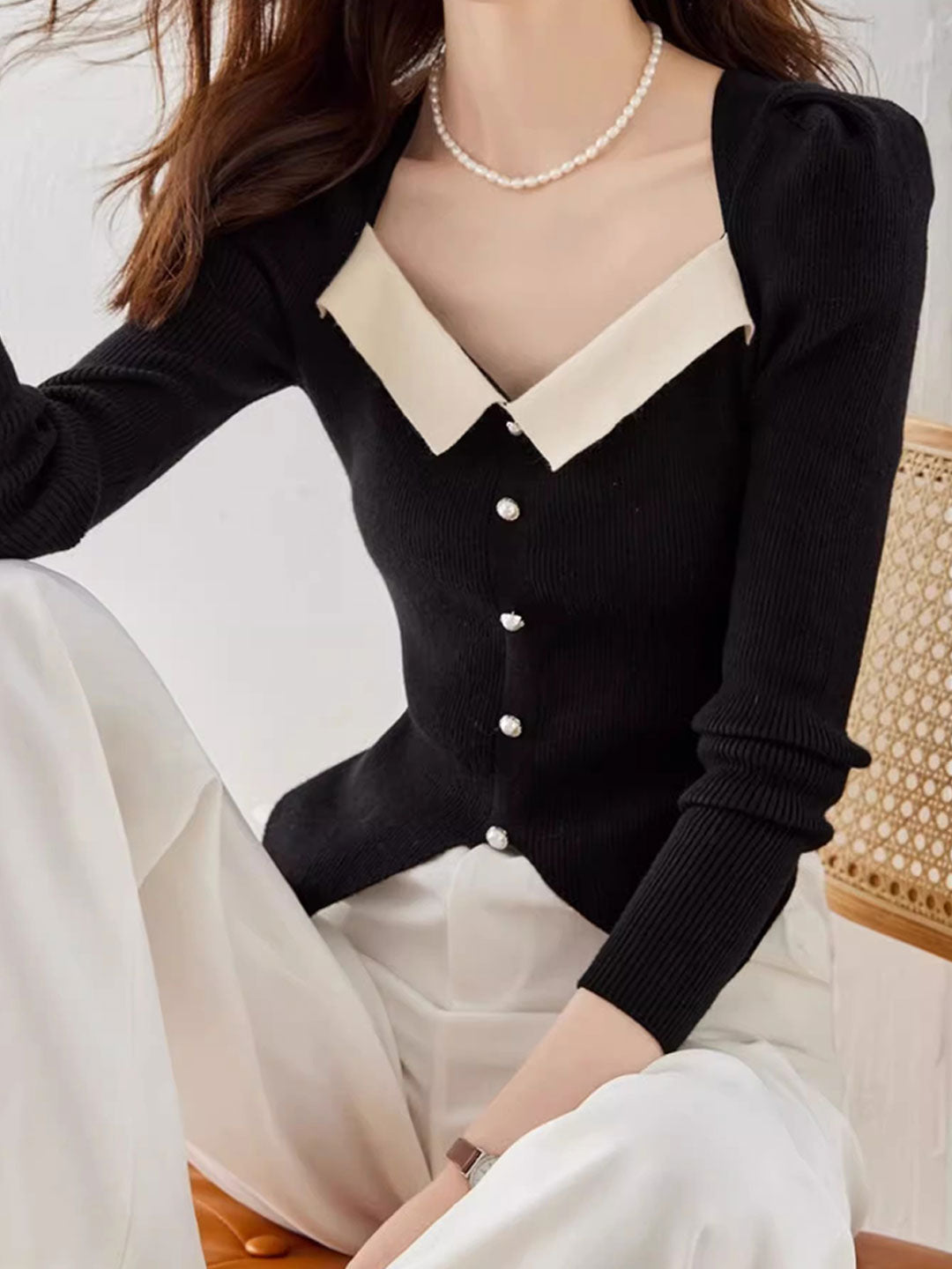 Jessica Retro Color Block Knitted Top-Apricot