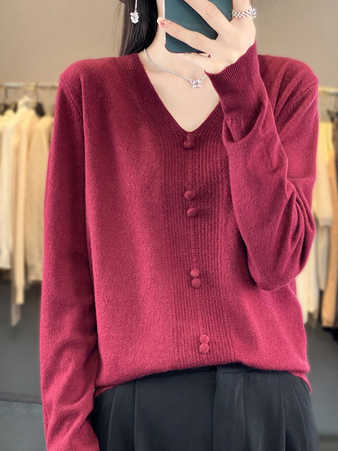 Abigail Casual V-neck Loose Knitted Sweater-Red