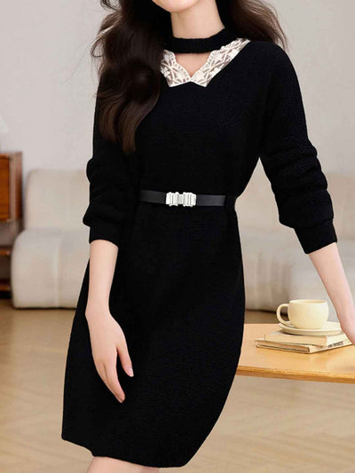 Brianna Vintage V-Neck Lace Patchwork Knitted Dress