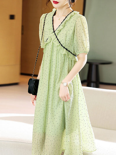 Olivia Retro Chiffon Polka-Dot Dress-Apricot