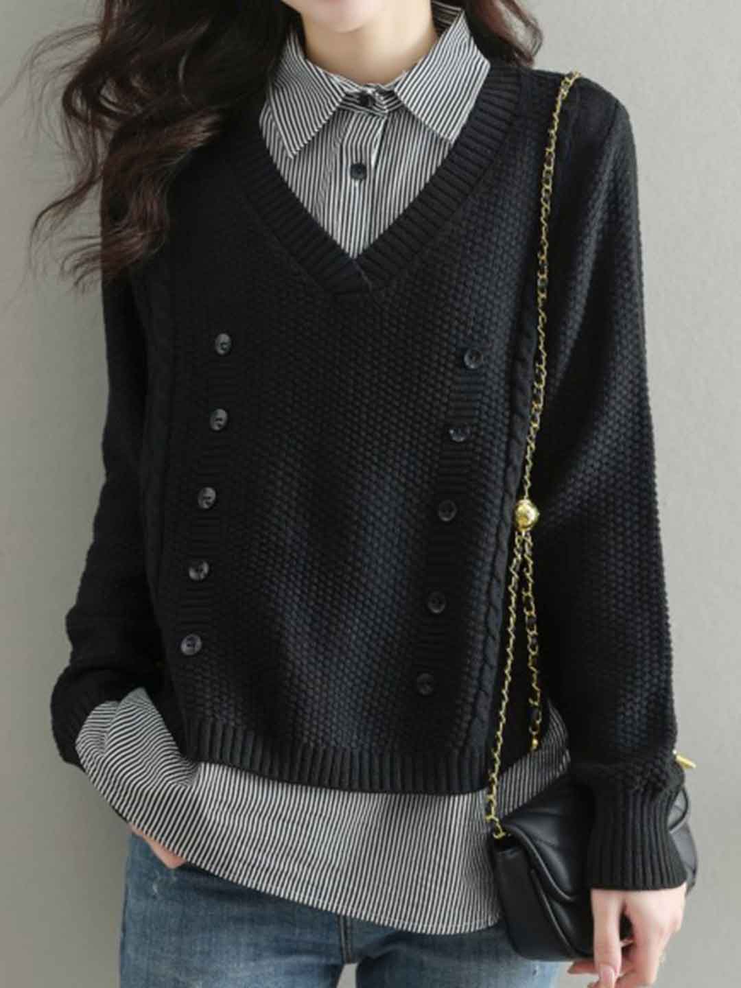 Jocelyn Loose Mock Two-Piece Striped Knitted Top