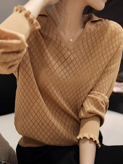 Ashley Classic V-Neck Hollow Solid Color Knitted Top