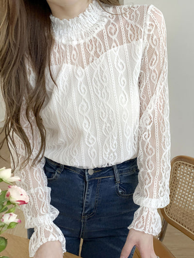 Kayla Casual Puff Sleeve Lace Mesh Top