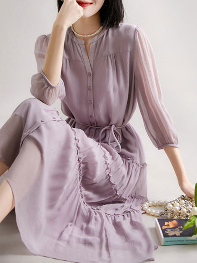 Sophie Elegant Pleated Tie Dress-Purple