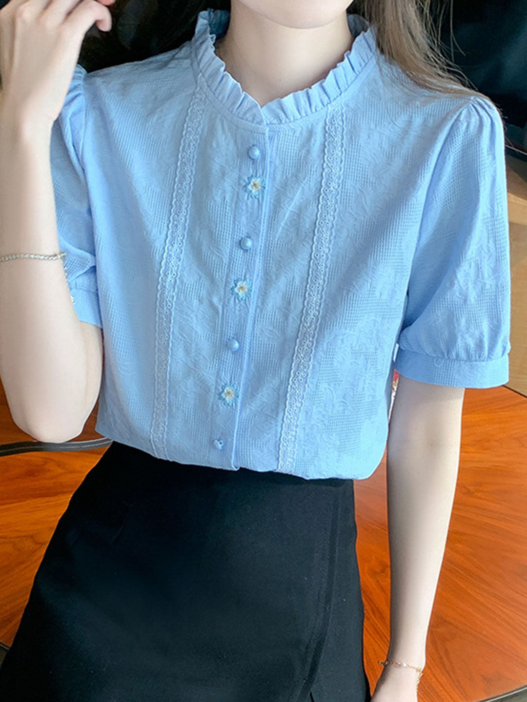 Lauren Retro Embroidered Jacquard Shirt-Blue