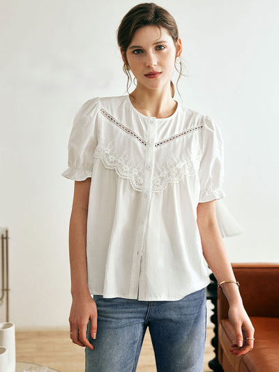 Layla Retro Hollowed Paneled Lace Shirt-White