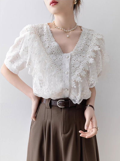 Kaylee Vintage V-Neck Solid Color Lace Blouse