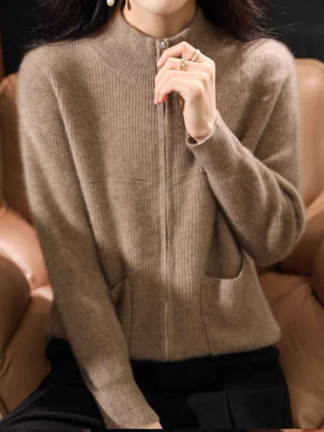 Hannah Loose Turtleneck Zippered Knitted Cardigan