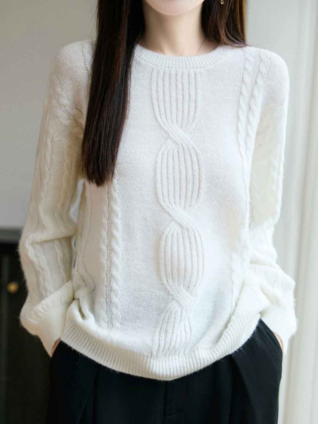 Ariana Casual Crew Neck Cable Knitted Pullover Sweater-Blue