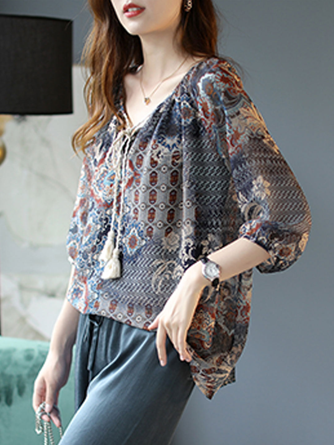 Kayla Loose Lantern Sleeve Auricular Floral Chiffon Top