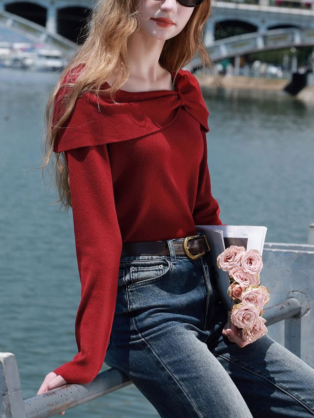 Brianna Off-Neck Bow Knitted Sweater