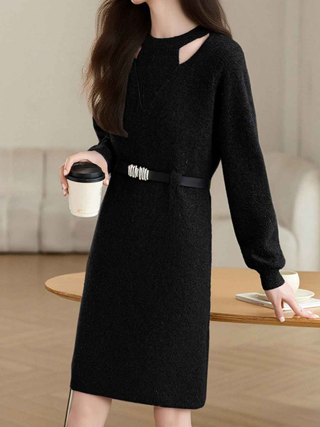 Sarah Elegant Crew Neck Hollowed Knitted Dress