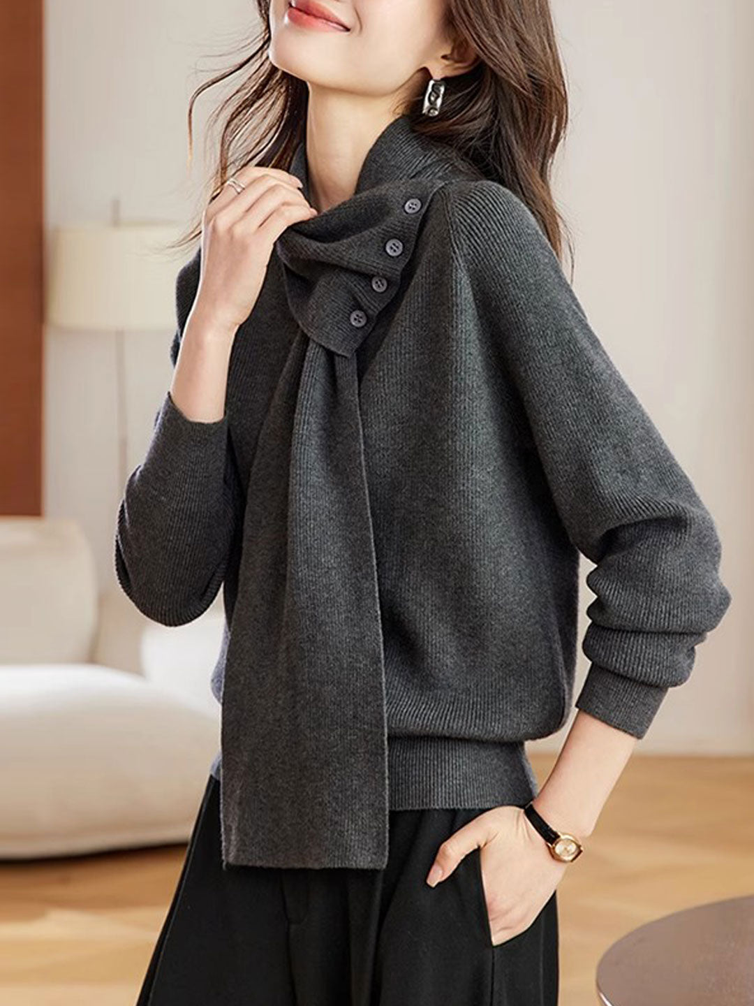 Mia Daily Detachable Scarf Knitted Sweater