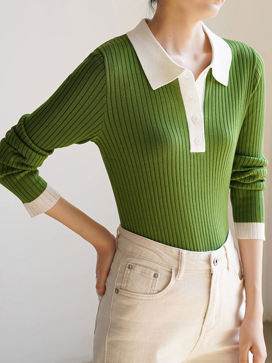 Jessica Retro Contrast Color Slim Knitted Sweater-Green