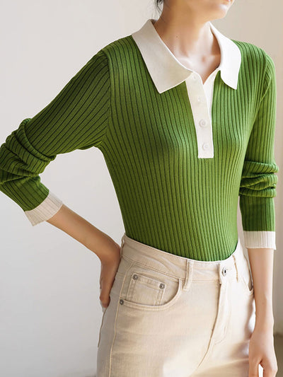 Jessica Retro Contrast Color Slim Knitted Sweater-Green