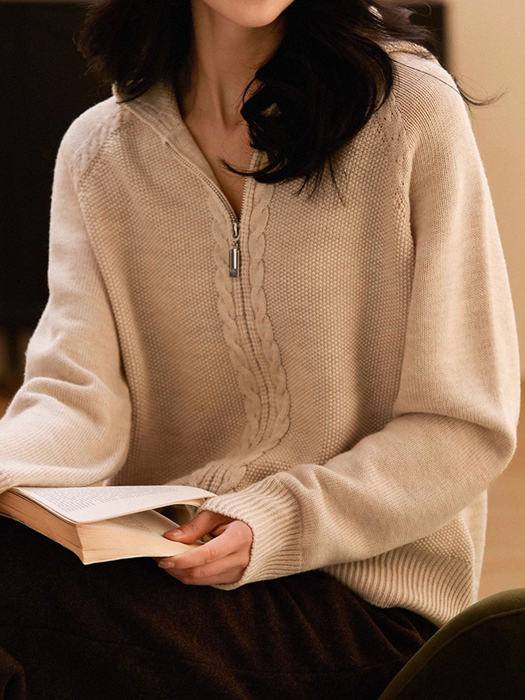 Ava Loose Double Zipper Hooded Knitted Cardigan