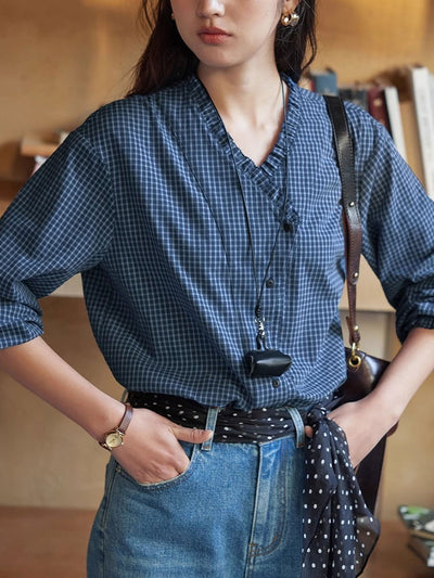 Madison Vintage V-Neck Ruffle Plaid Shirt