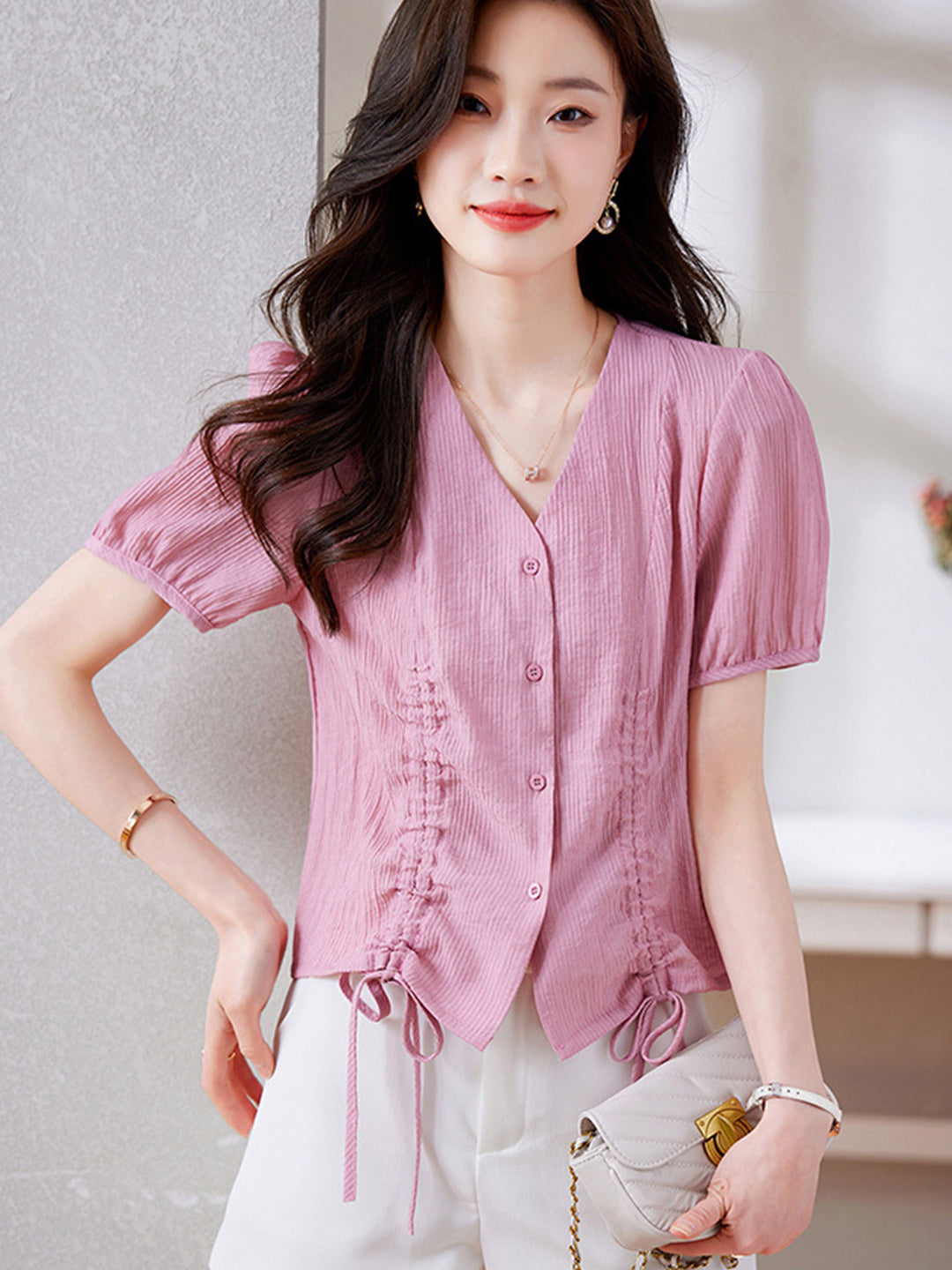 Gianna Casual V-Neck Chiffon Tie Top