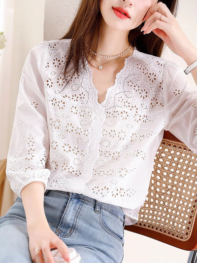 Kayla Retro V-Neck Embroidered Hollowed Top