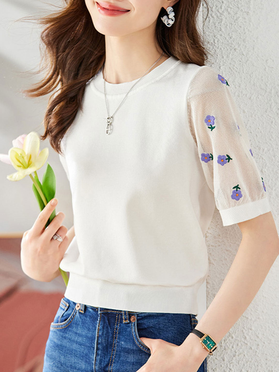Alexis Classic Embroidered Puff Sleeve Knitted Top-White