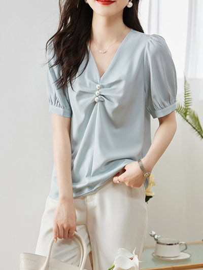 Bella Elegant Beaded Pleated Satin Shirt