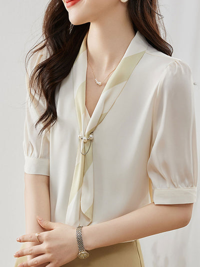 Mya Casual Loose Bow Satin Panelled Shirt-Apricot