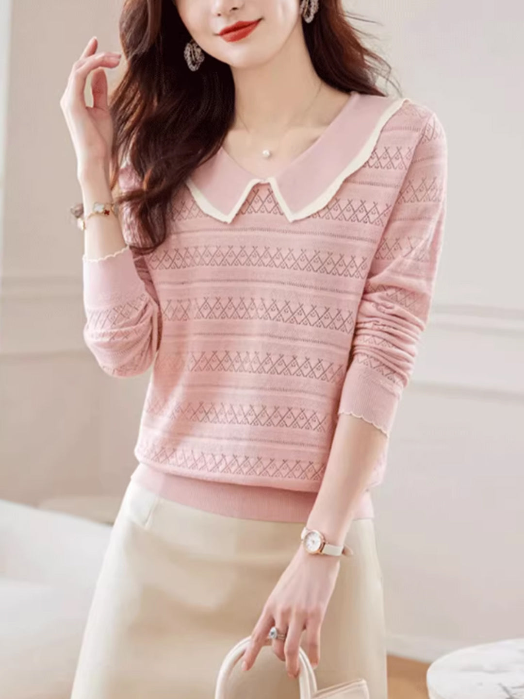 Nevaeh Classic Doll Collar Hollowed Knitted Top