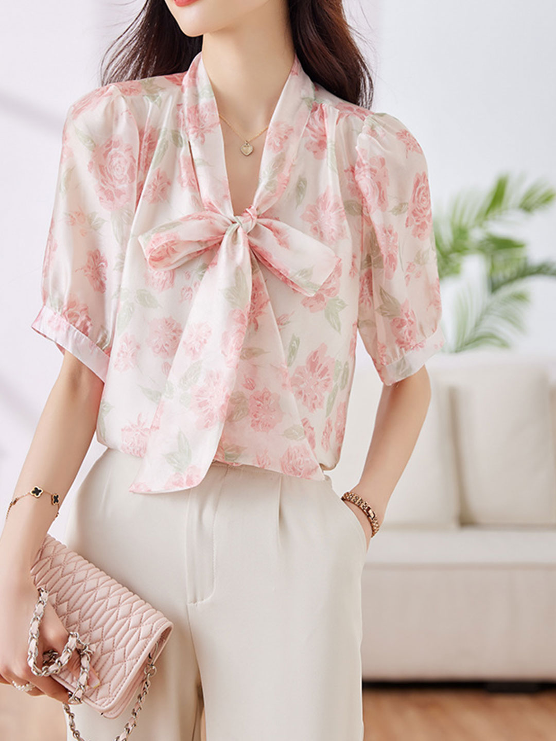 Grace Classic Bowknot Streamer Chiffon Top-Pink